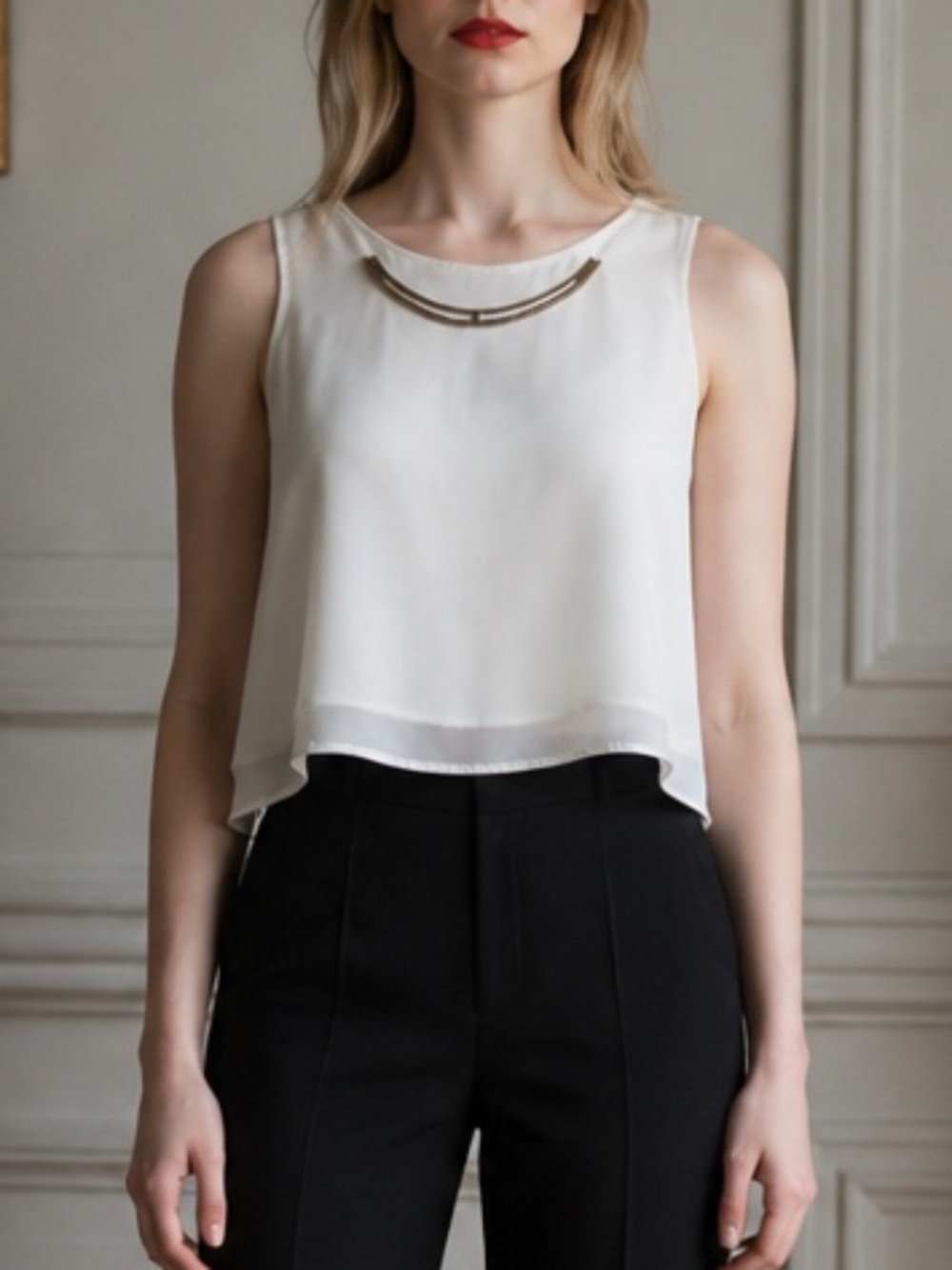 Bar III White Sleeveless Blouse | Gold Neck Detail | XS